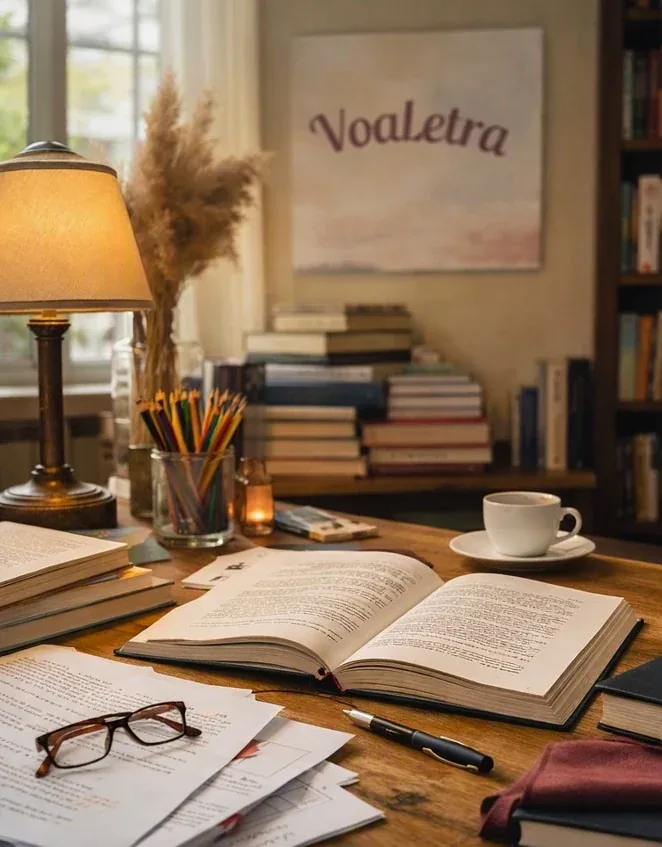 Ambiente editorial da VoaLetra com livros e mesa de trabalho